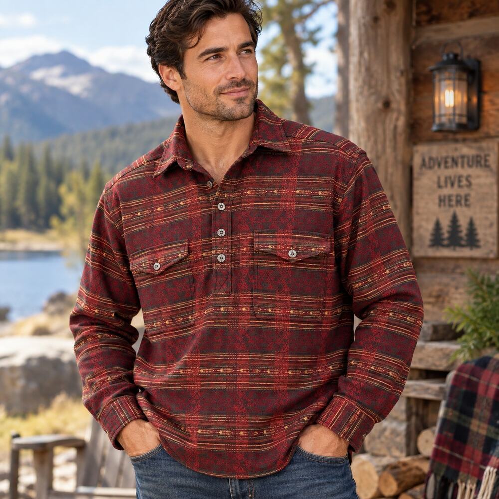 Orvis Men’s M Cotton Southwestern Aztec Pullover Shirt Red Burgundy